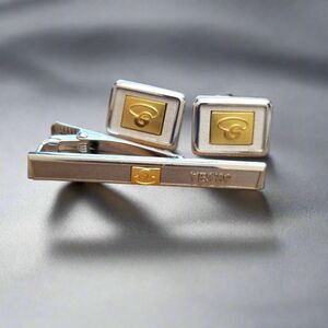 Vintage Silver & Gold Tone Cufflinks and Tie Clip Set Retro Two Tone Gift